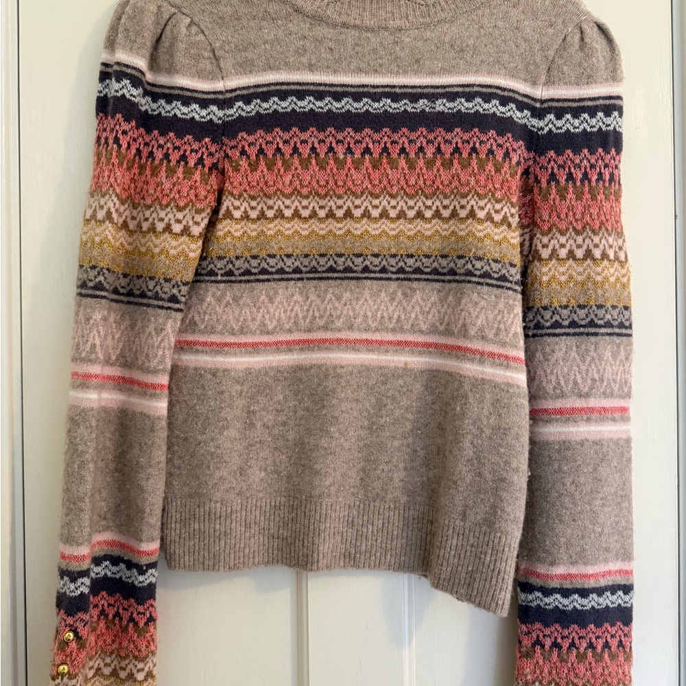 Anthropologie Pink, Gold, and Cream Patterned Puff Sleeve Sweater